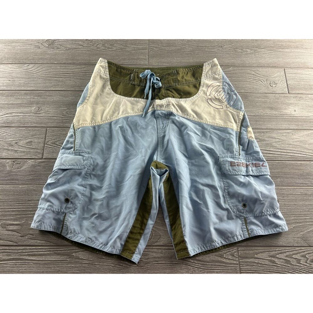 Ezekiel Men Swimwear 32 Blue/White/Green Colorblock Cargo Pockets Drawstring